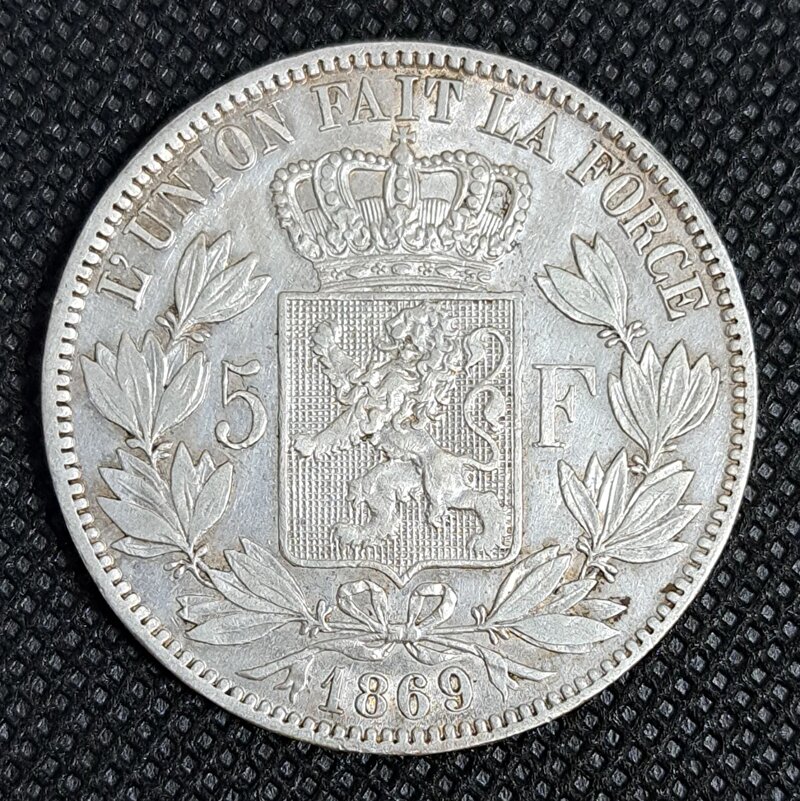 ベルギー王国　5フラン銀貨　1869年
