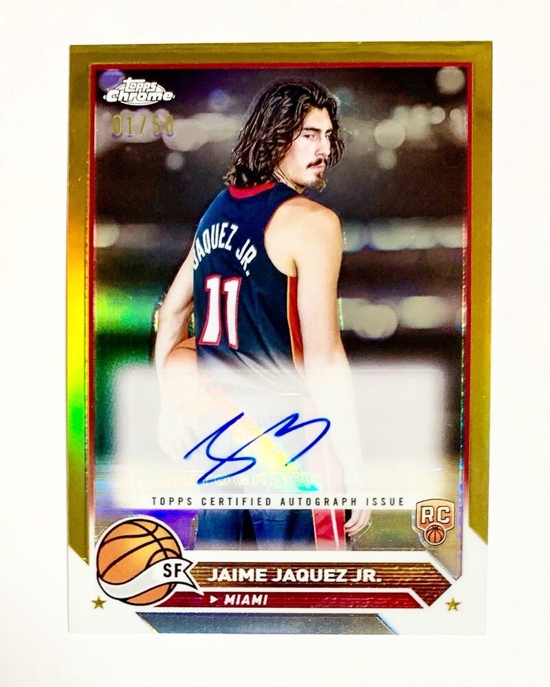 2023-24 Topps Chrome Basketball Autograph Base Chrome Autographs Gold Refractor 1/50 CG-JJA Jaime Jaquez Jr. - Miami Heat