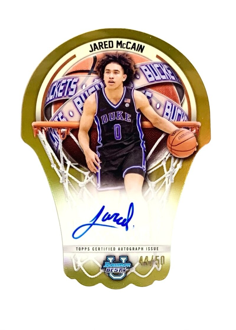 2023-24 Bowman Best University Basketball Bowman U Buckets Die-Cuts Autographs Gold Refractors #/50 (1:44 hobby)BDA-JM JARED McCAIN - Duke